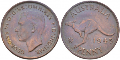 Австралия 1 пенни 1945 p, Георг VI (1937-1952), кенгуру KM 36 бронза 4403-932