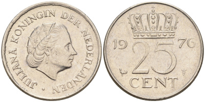 Нидерланды 25 центов 1976 Юлиана (1949-1980) KM 183 никель    4174-664