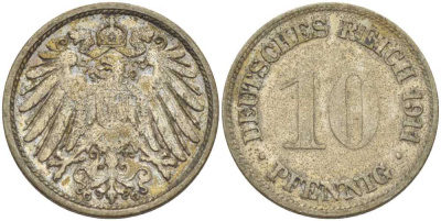 ГЕРМАНИЯ 10 ПФЕННИГОВ 1911 G KM 12, J. 13, Weege 8 медно-никель 212-143