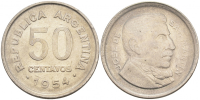 Аргентина 50 сентаво 1954 генерал Хосе де Сан Мартин KM 49 сталь плакированная никелем 68-554