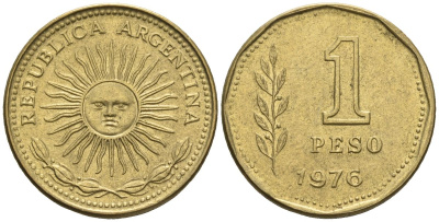 Аргентина 1 песо 1976 майское солнце KM 69, CJ 326, Schon 69 алюминиевая бронза    60-1053