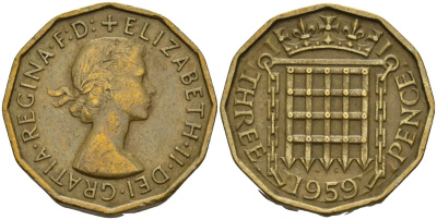 Великобритания 3 пенса 1959 Елизавета II (1952-2022) KM 900, Spink 4153 никель латунь 4153-737