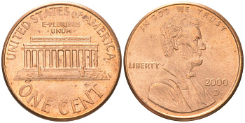 США 1 цент 2000 D, Линкольн KM 201b цинк плакированный медью UNC 4613-1249
