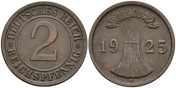 Германия 2 рейхспфеннига 1925 F KM 38, J. 314 бронза 4147-1249