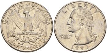 США 25 центов (квотер) 1995 D, Вашингтон KM A164a медь плакированная медно-никелем 4114-937