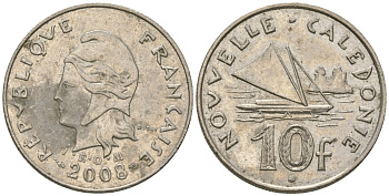 Французская Новая Каледония 10 франков 2008 рыбачья парусная лодка, (IEOM) KM 11a, Schoen 13a, Lec 99k медно-никель 60-653
