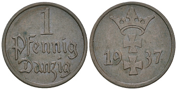 Данциг 1 пфенниг 1937 J. D 2, KM 140 бронза 4164-613