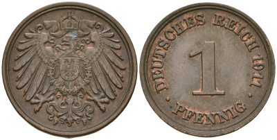 Германия 1 пфенниг 1911 F, Вильгельм II (1888-1918) KM 10, J. 10 медь 4608-615
