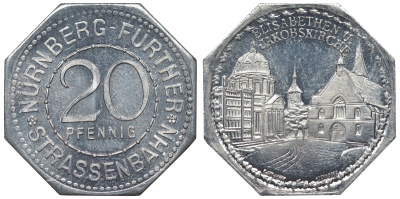 Германия, Нюрнберг - Фюрт 20 пфеннигов ND трамвайный жетон, церковь Св. Елизаветы и Якобскирхе алюминий UNC 4119-731