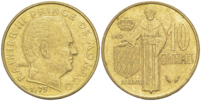 Монако 10 сантимов 1975 Ренье III (1949-2005) KM 142 алюминиевая бронза 73-146