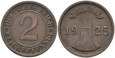 Германия 2 рейхспфеннига 1925 F KM 38, J. 314 бронза 4147-1249