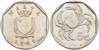 Мальта 5 центов 1991 краб KM 95 медно-никель 4564-835