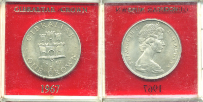 Гибралтар 1 крона 1967 Елизавета II (1952-2022), старый замок, в оригинальной пластиковой коробке, первый год чекана KM 4 медно-никель UNC 6-6-1-18