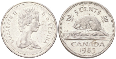 Канада 5 центов 1985 Елизавета II, бобер KM 60.2a медно-никель 4611-517
