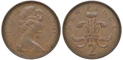 Великобритания 2 пенса 1975 Елизавета II (1952-2022) KM 916, Spink 4235 (C1) бронза 4146-1025