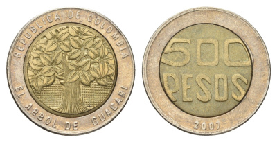 Колумбия 500 песо 2007 KM 286 биметалл 4663-512