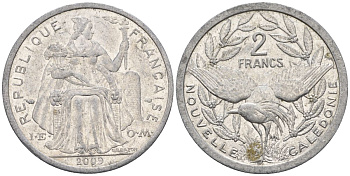 Французская Новая Каледония 2 франка 2009 птица кагу, (IEOM) KM 14, Schoen 11 алюминий    27-126