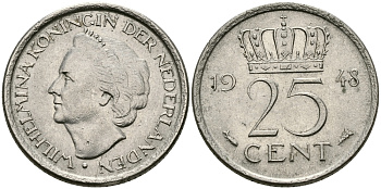 НИДЕРЛАНДЫ 25 ЦЕНТОВ 1948 ВИЛЬГЕЛЬМИНА KM 178 никель 46-1937