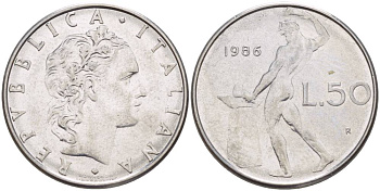 ИТАЛИЯ 50 ЛИР 1986 R, БОГ ОГНЯ ВУЛКАН У НАКОВАЛЬНИ KM 95.1 нержавеющая сталь 4551-416