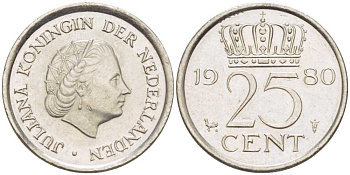 НИДЕРЛАНДЫ 25 ЦЕНТОВ 1980 ЮЛИАНА (1948-1980) KM 183 никель 214-1122