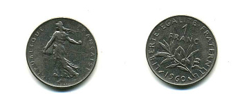 ФРАНЦИЯ 1 ФРАНК 1960 СЕЯТЕЛЬ KM 925.1, LE FRANC 226.4 никель 83-743