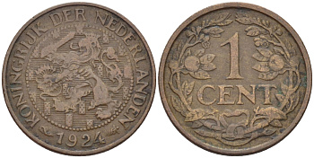 НИДЕРЛАНДЫ 1 ЦЕНТ 1924 ВИЛЬГЕЛЬМИНА (1890-1948), РЕДКИЙ ГОД KM 152 бронза 100-826