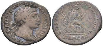 Римская Империя денарий 108 Траян, голова императора, IMP TRAIANO AVG GER DAC P M TR P / пленный дакиец на трофейном оружии, COS V P P S P Q R OPTIMO PRINC DAC CAP, Рим RIC 96 серебро 1073-15-94