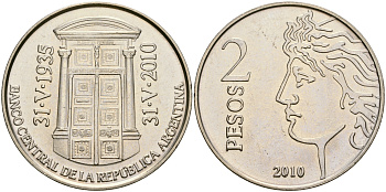 Аргентина 2 песо 2010 75 лет Центральному Банку KM 162 медно-никель UNC 4607-626