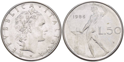 ИТАЛИЯ 50 ЛИР 1986 R, БОГ ОГНЯ ВУЛКАН У НАКОВАЛЬНИ KM 95.1 нержавеющая сталь 4551-416