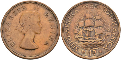 ЮАР 1 пенни 1955 Елизавета II (1952-) KM 46 бронза 4574-1213