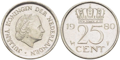 НИДЕРЛАНДЫ 25 ЦЕНТОВ 1980 ЮЛИАНА (1948-1980) KM 183 никель 214-1122