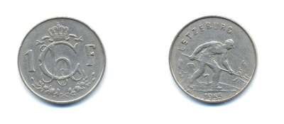 ЛЮКСЕМБУРГ 1 ФРАНК 1955 KM 46.2 медно-никель 4379-247