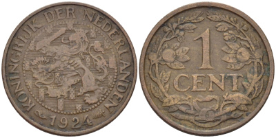 НИДЕРЛАНДЫ 1 ЦЕНТ 1924 ВИЛЬГЕЛЬМИНА (1890-1948), РЕДКИЙ ГОД KM 152 бронза 100-826