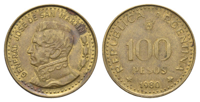 Аргентина 100 песо 1980 KM 85a сталь плакированная латунью 4663-713