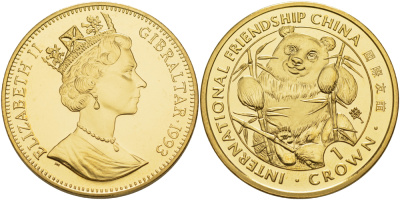 Гибралтар 1 крона 1993 серия международная дружба, панда KM 184 медно-никель, позолота BUNC 1084-8-54