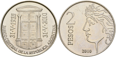 Аргентина 2 песо 2010 75 лет Центральному Банку KM 162 медно-никель UNC 4607-626