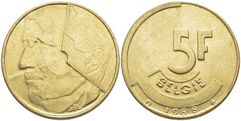 БЕЛЬГИЯ 5 ФРАНКОВ 1988 BELGIE, БОДУЭН I (1951-1993) KM 164 латунь или алюминиевая бронза 119-856