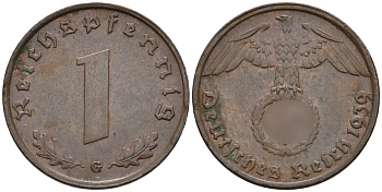 Германия 1 рейхспфенниг 1939 G KM 89, J. 361 бронза 4147-1223