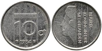 НИДЕРЛАНДЫ 10 ЦЕНТОВ 1984 БЕАТРИКС KM 203 никель 96-1253