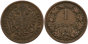 Австрия 1 крейцер 1859 A, Франц Иосиф I (1848-1916) KM 2186 медь 4154-832
