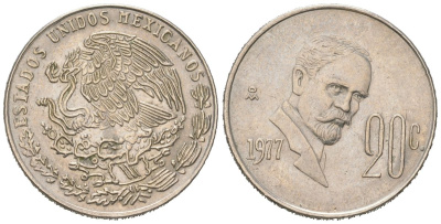 Мексика 20 сентаво 1977 Mo KM 442 медно-никель aUNC 206-411