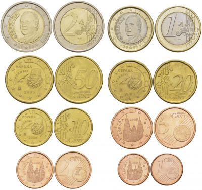 Испания полный евронабор из 8 монет 2005 1, 2, 5, 10, 20, 50 евроцентов, 1 и 2 евро KM 1040, 1041, 1042, 1070, 1071, 1072, 1073, 1074 N6-07
