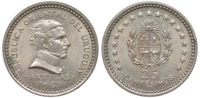 Уругвай 25 сентесимо 1960 KM 40 медно-никель 4580-1141