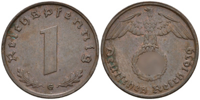 Германия 1 рейхспфенниг 1939 G KM 89, J. 361 бронза 4147-1223