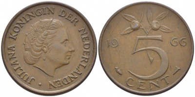 НИДЕРЛАНДЫ 5 ЦЕНТОВ 1966 ЮЛИАНА KM 181 бронза 3856-737