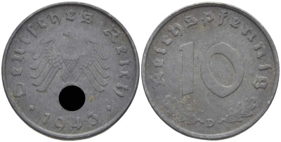 ГЕРМАНИЯ 10 РЕЙХСПФЕННИГОВ 1943 D KM 101, J. 371 цинк 4401-553