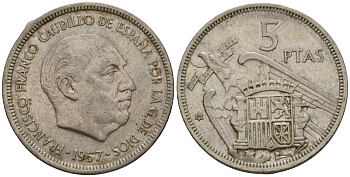 Испания 5 песет 1957 (74) Франсиско Франко (1939-1975) KM 786 медно-никель 186-744