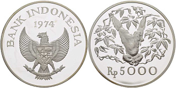 Индонезия 5000 рупий 1974 серия сохраним наш мир, орангутан (человекообразная обезьяна) KM 40а серебро PROOF 11-158-45