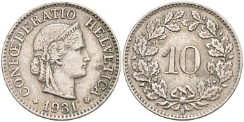 ШВЕЙЦАРИЯ 10 РАППЕНОВ 1931 В KM 27 медно-никель 3309-551