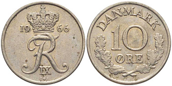 Дания 10 эре 1966 С; S, Фредерик IX (1947-1972) KM 849.1 медно-никель 201-1225